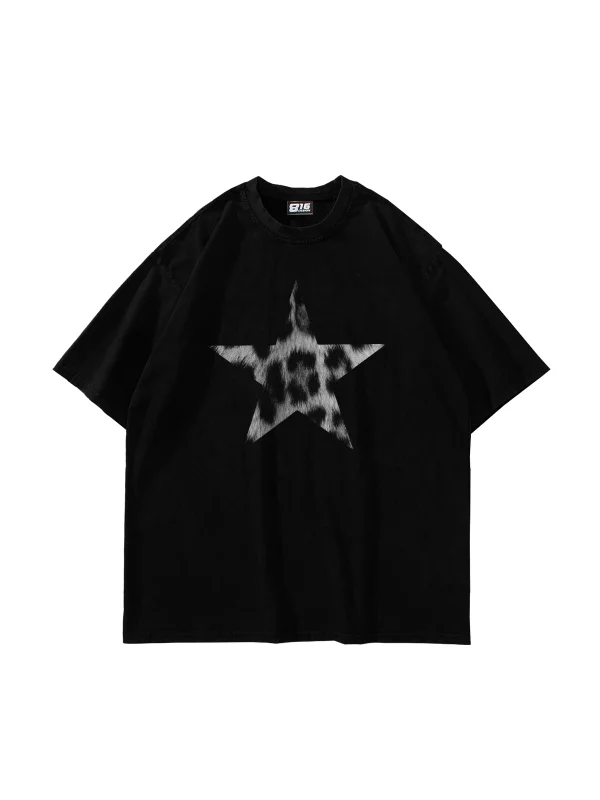Starz Leopar Baskılı V2 24/1 Oversize Unisex Siyah Tshirt
