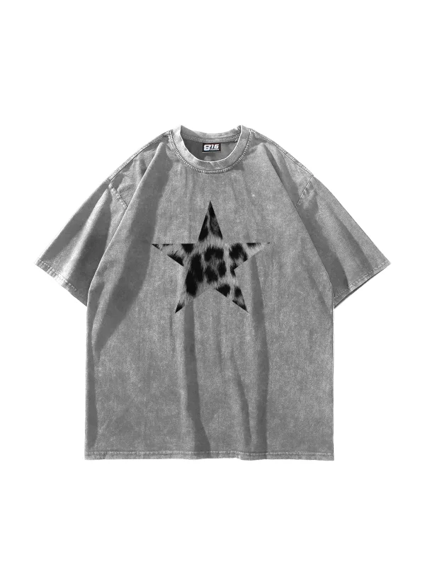 Starz Leopar Baskılı V2 24/1 Oversize Unisex Yıkamalı Beyaz Tshirt