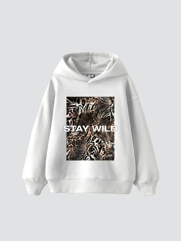 Stay Wild Leopar Baskılı Oversize Unisex Premium Beyaz Hoodie