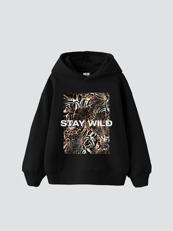 Stay Wild Leopar Baskılı Oversize Unisex Premium Siyah Hoodie