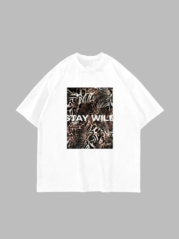 Pano Baskı Stay Wild Leopar 24/1 Oversize Unisex Beyaz Tshirt