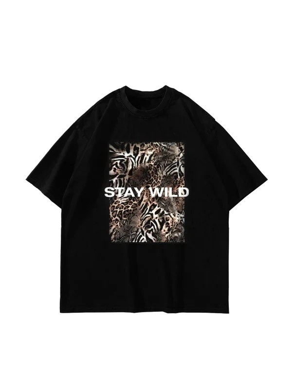 Pano Baskı Stay Wild Leopar 24/1 Oversize Unisex Siyah Tshirt