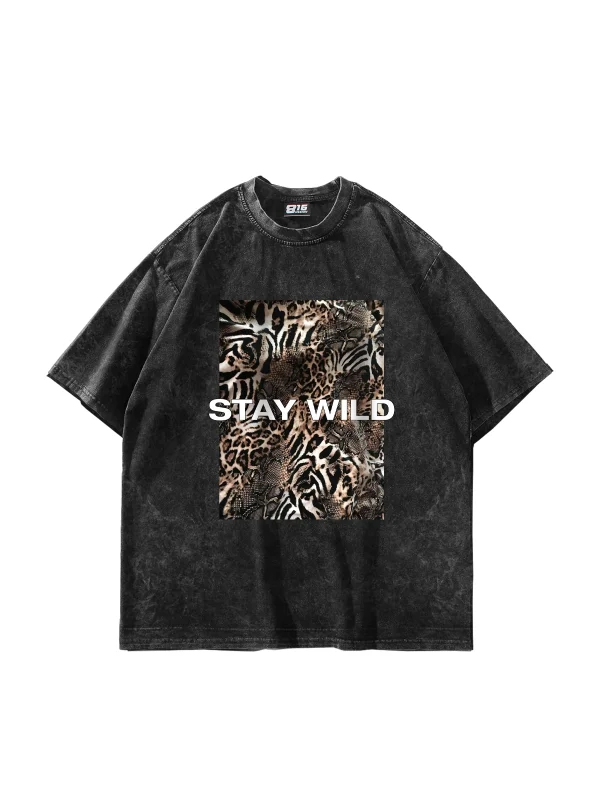 Pano Baskı Stay Wild Leopar 24/1 Oversize Unisex Yıkamalı Siyah Tshirt