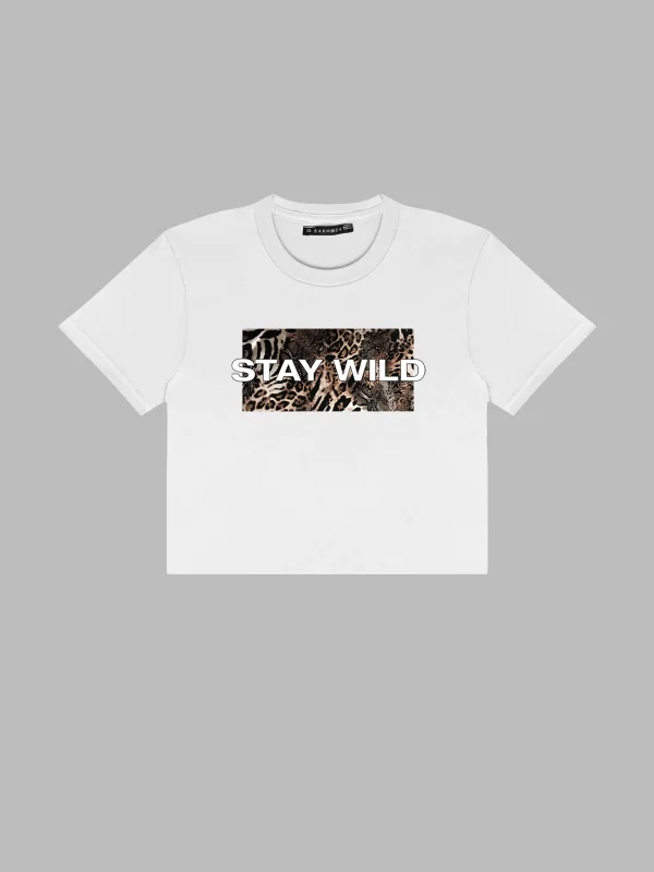 Stay Wild Leopar Baskılı Beyaz Crop Top