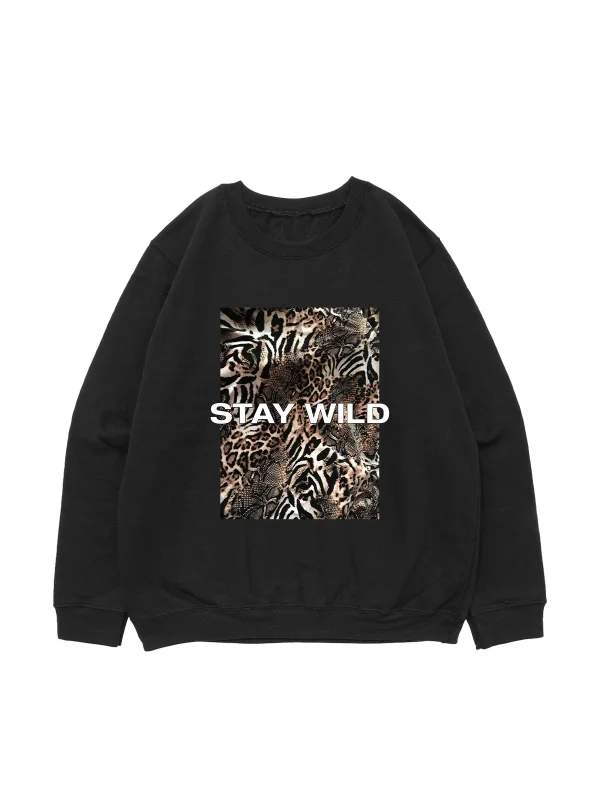 Stay Wild Leopar Baskılı Siyah Oversize Unisex Sweatshirt