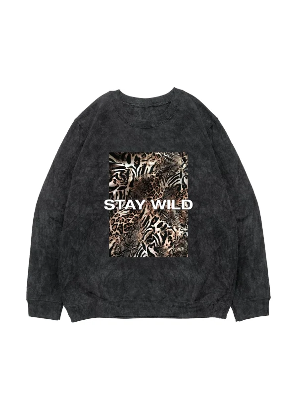 Stay Wild Leopar Baskılı Yıkamalı Siyah Oversize Unisex Sweatshirt