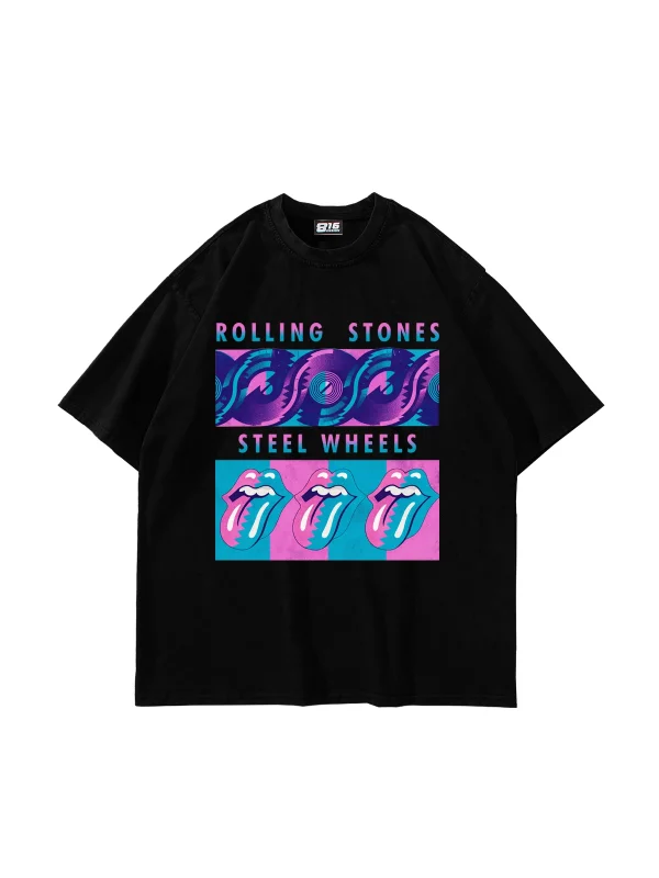 Steel Wheel Baskılı Oversize Unisex Siyah Tshirt