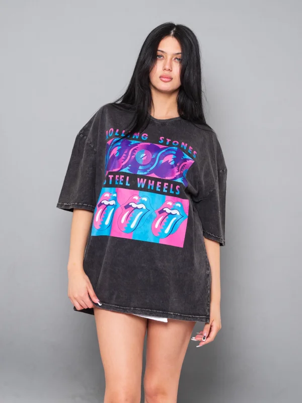 Steel Wheel Baskılı Oversize Unisex Yıkamalı Siyah Tshirt