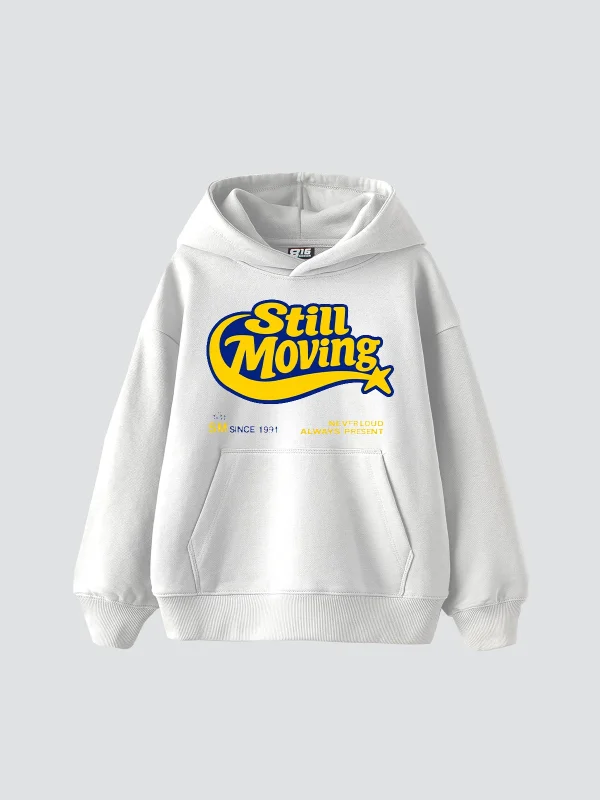 Still Moving Baskılı Oversize Unisex Beyaz Hoodie