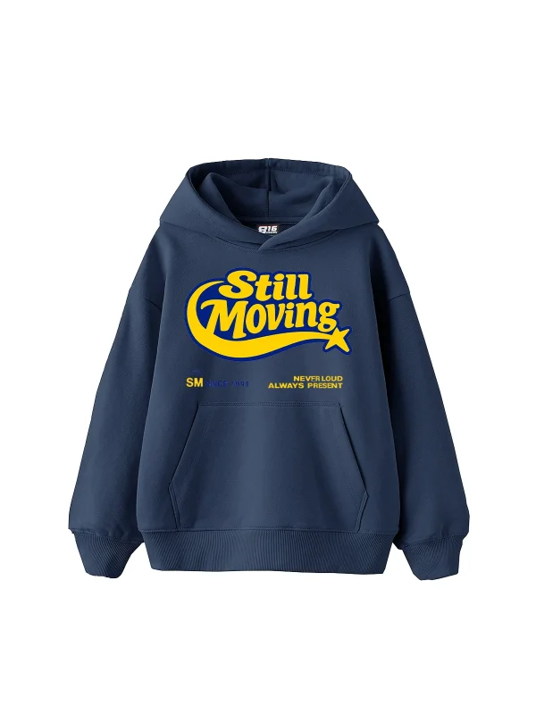 Still Moving Baskılı Oversize Unisex İndigo Hoodie