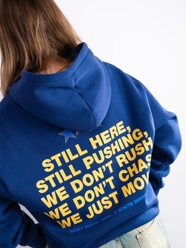 Still Moving Baskılı Oversize Unisex İndigo Hoodie