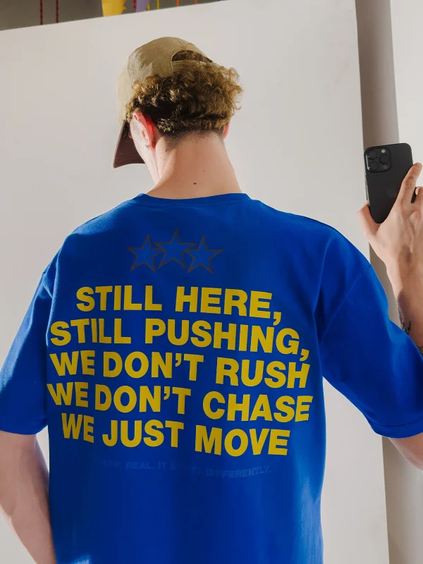 Still Moving Baskılı Oversize Unisex Mavi Tshirt
