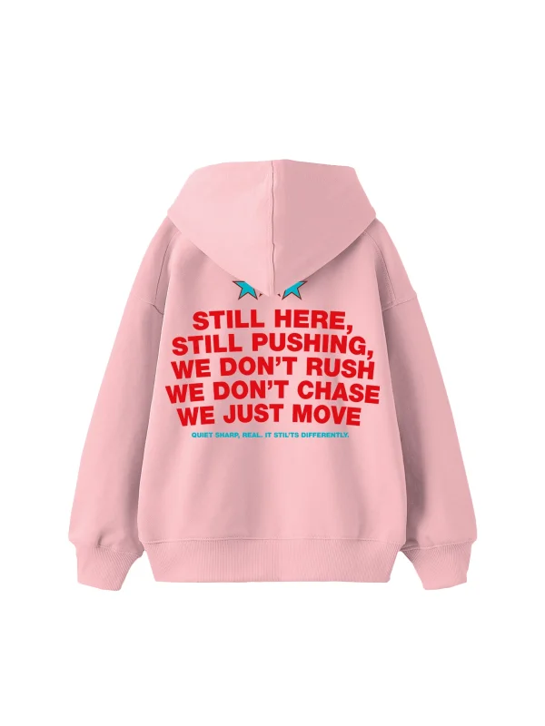 Still Moving Baskılı Oversize Unisex Pembe Hoodie