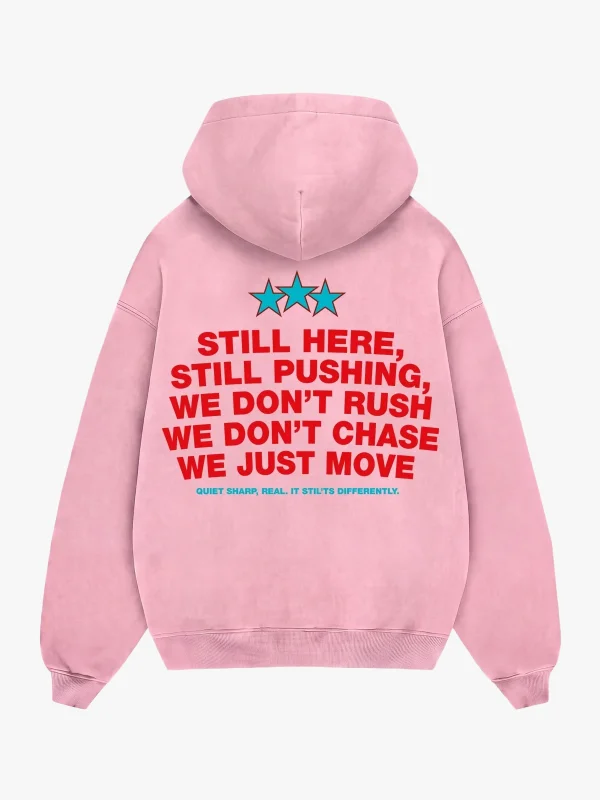 Still Moving Baskılı Oversize Unisex Pembe Hoodie