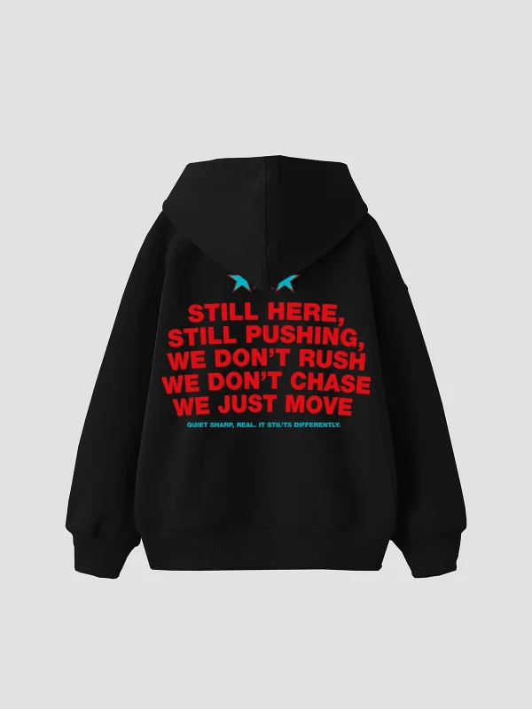 Still Moving Baskılı Oversize Unisex Siyah Hoodie