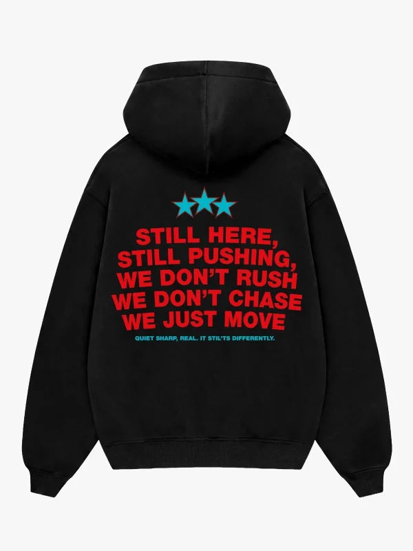 Still Moving Baskılı Oversize Unisex Siyah Hoodie
