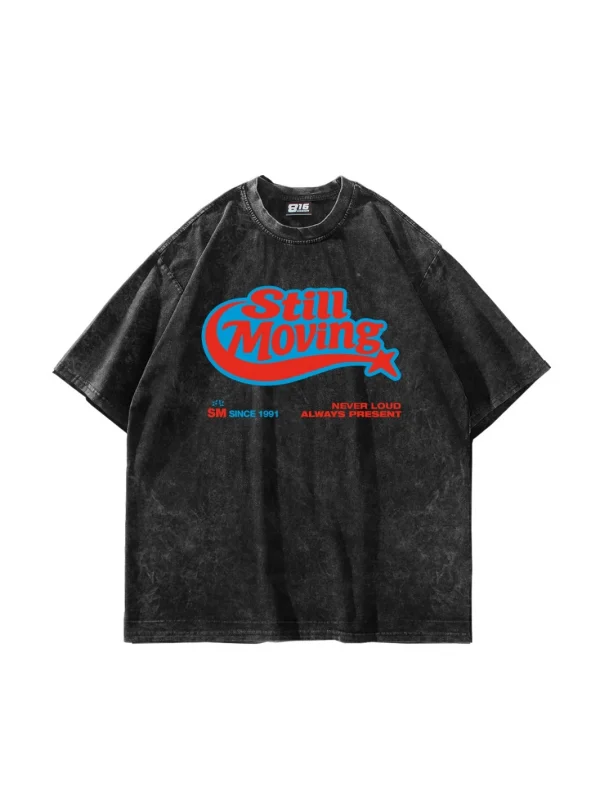 Still Moving Baskılı Oversize Unisex Yıkamalı Siyah Tshirt
