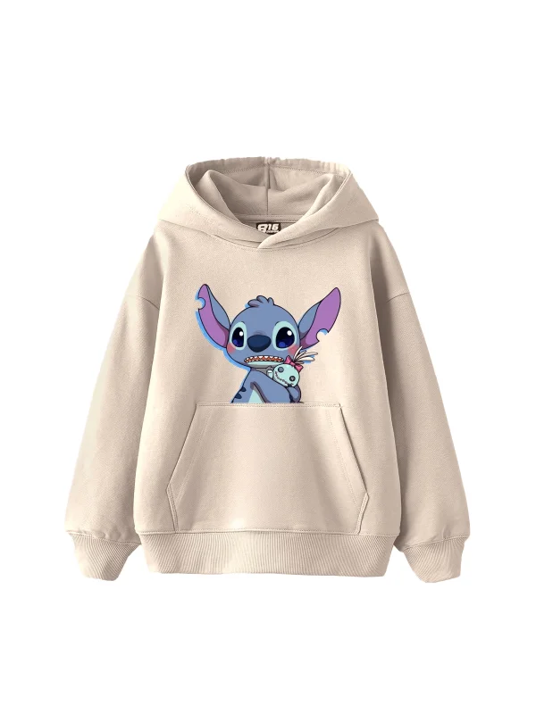 Stitch Baby Baskılı Oversize Unisex Bej Hoodie