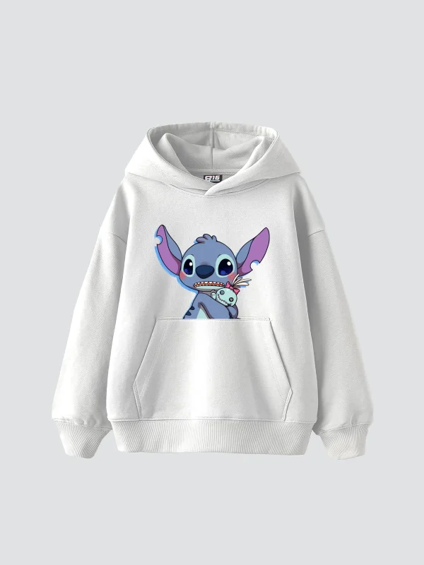 Stitch Baby Baskılı Oversize Unisex Beyaz Hoodie