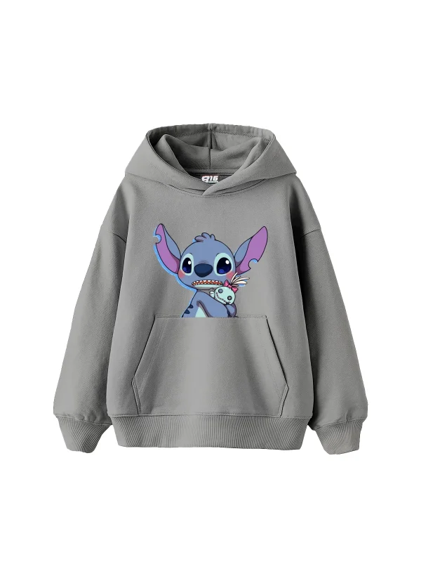 Stitch Baby Baskılı Oversize Unisex Gri Hoodie