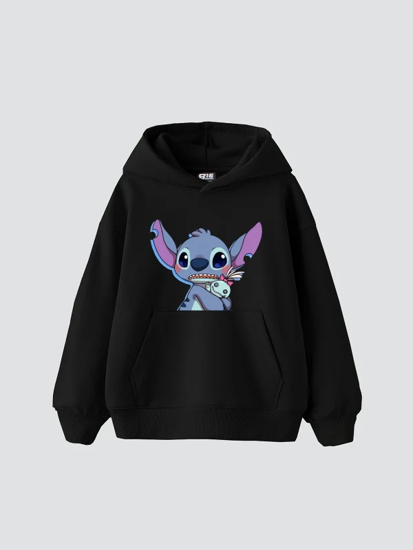 Stitch Baby Baskılı Oversize Unisex Siyah Hoodie