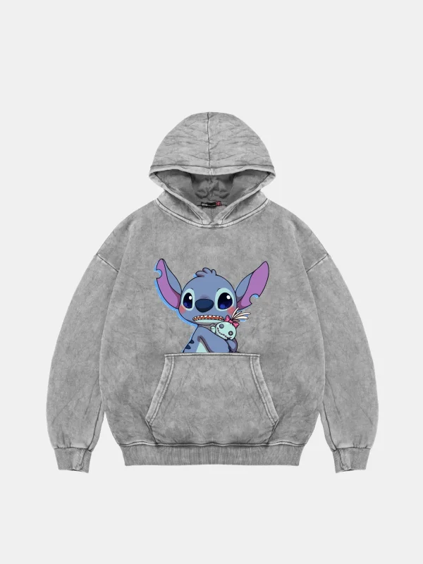 Stitch Baby Baskılı Oversize Unisex Yıkamalı Beyaz Hoodie