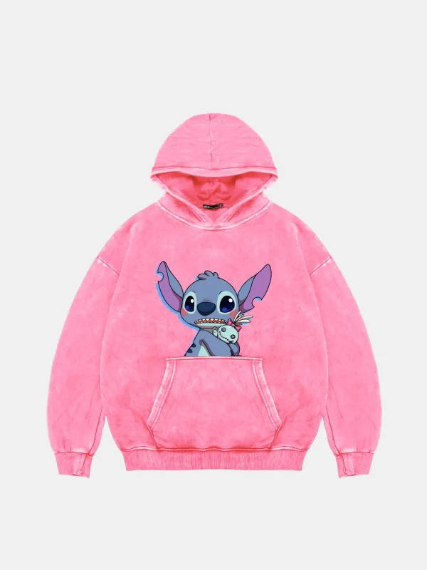 Stitch Baby Baskılı Oversize Unisex Yıkamalı Pembe Hoodie
