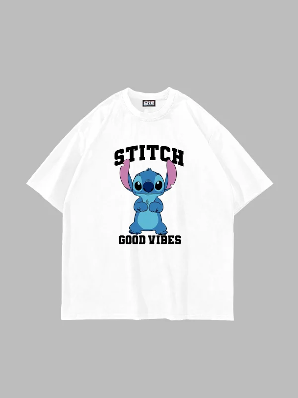 Stitch Good Vibes Baskılı Oversize Unisex Beyaz Tshirt