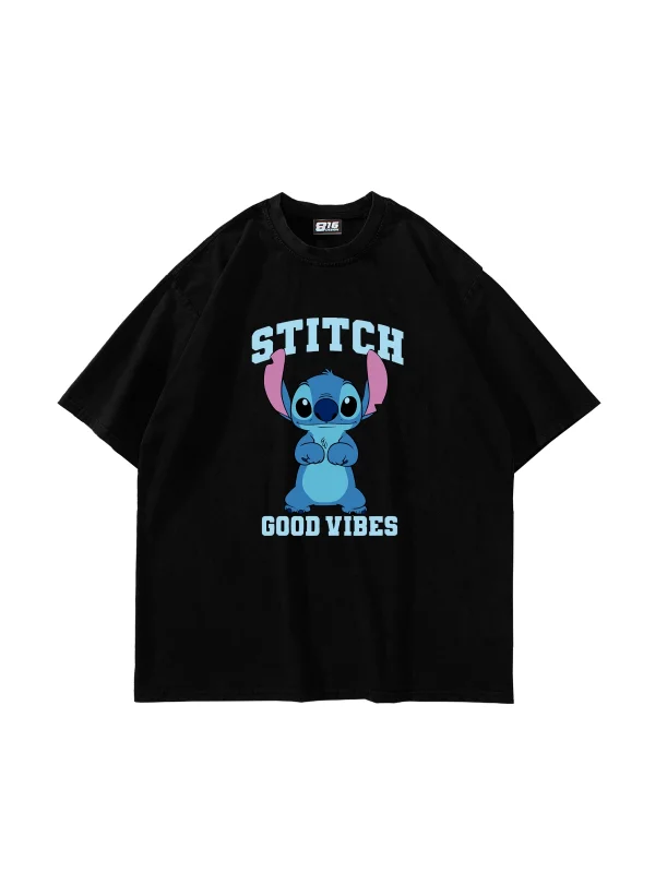 Stitch Good Vibes Baskılı Oversize Unisex Siyah Tshirt