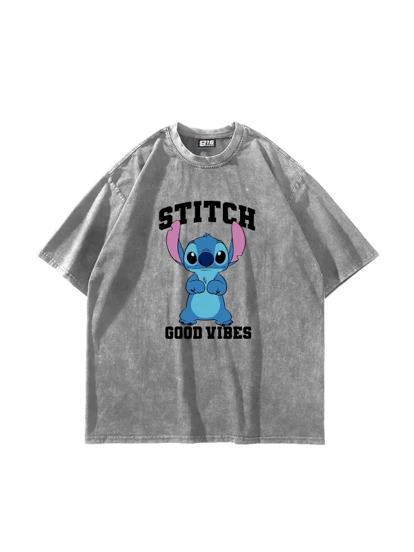 Stitch Good Vibes Baskılı Oversize Unisex Yıkamalı Beyaz Tshirt