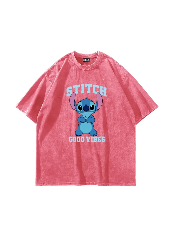 Stitch Good Vibes Baskılı Oversize Unisex Yıkamalı Pembe Tshirt