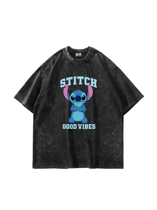 Stitch Good Vibes Baskılı Oversize Unisex Yıkamalı Siyah Tshirt
