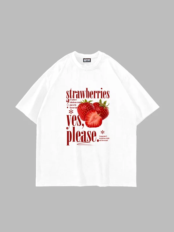 Strawberries Baskılı Oversize Unisex Beyaz Tshirt