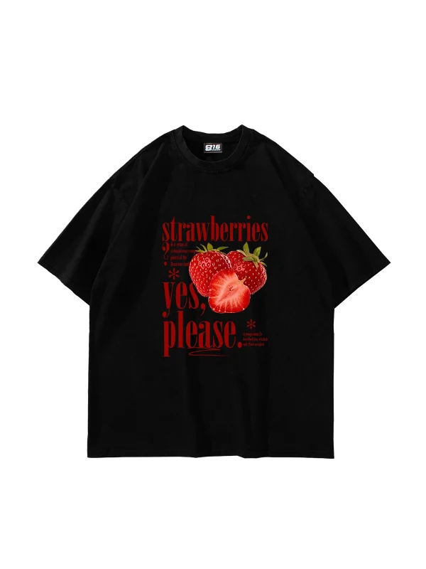Strawberries Baskılı Oversize Unisex Siyah Tshirt