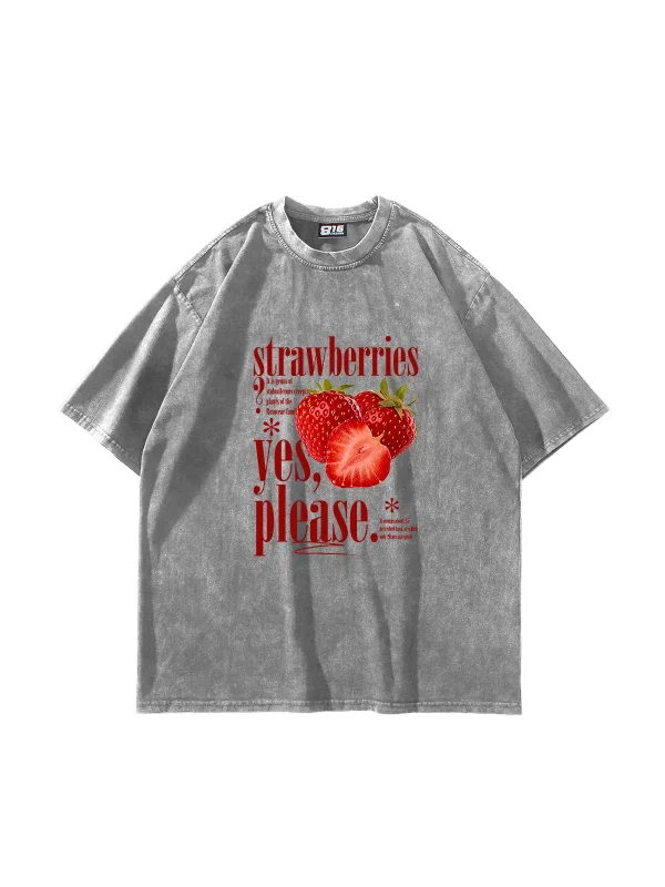 Strawberries Baskılı Oversize Unisex Yıkamalı Beyaz Tshirt