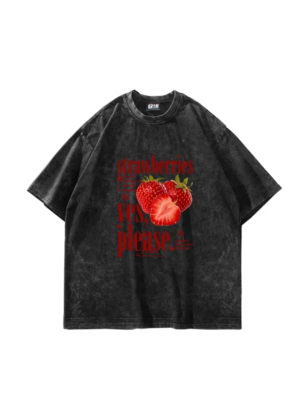 Strawberries Baskılı Oversize Unisex Yıkamalı Siyah Tshirt