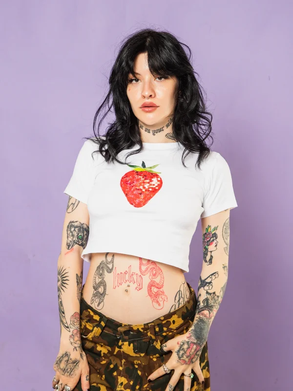 Strawberry Disco Baskılı Beyaz Crop Top