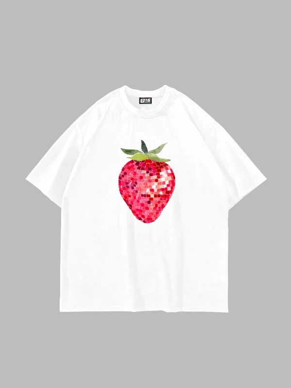 Strawberry Disco Baskılı Oversize Unisex Beyaz Tshirt