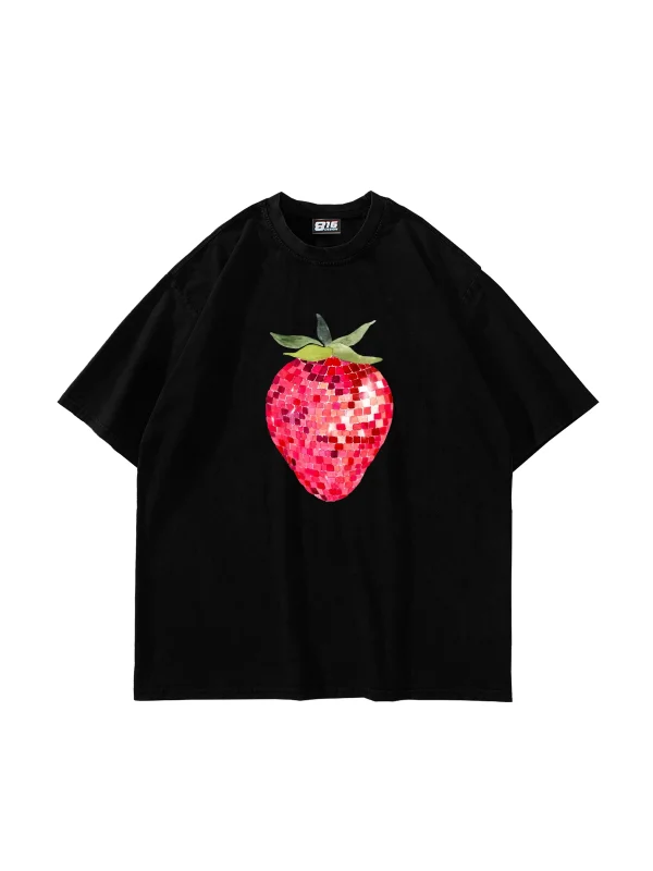 Strawberry Disco Baskılı Oversize Unisex Siyah Tshirt