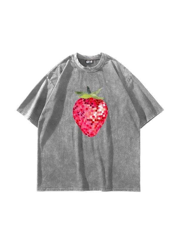 Strawberry Disco Baskılı Oversize Unisex Yıkamalı Beyaz Tshirt