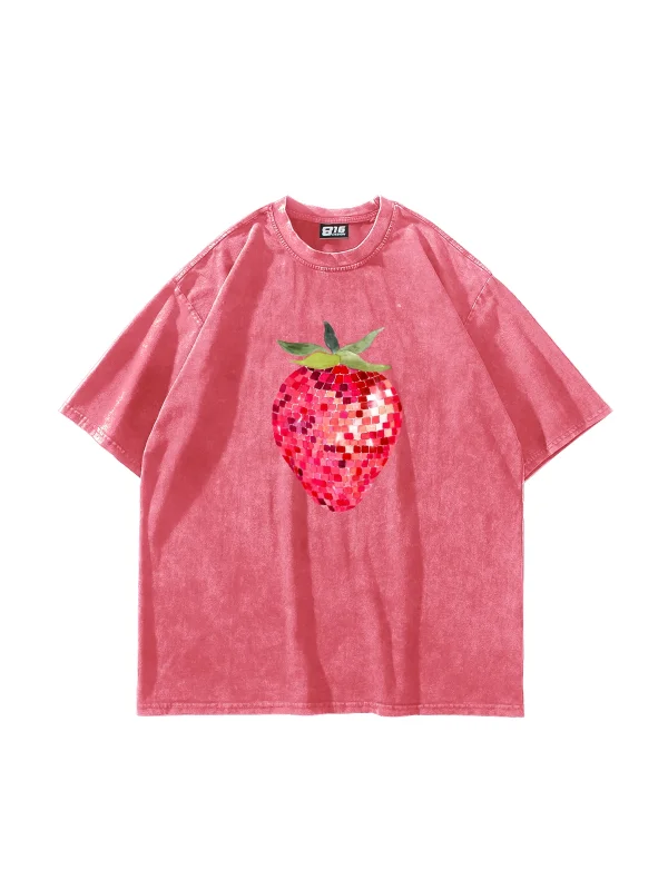 Strawberry Disco Baskılı Oversize Unisex Yıkamalı Pembe Tshirt