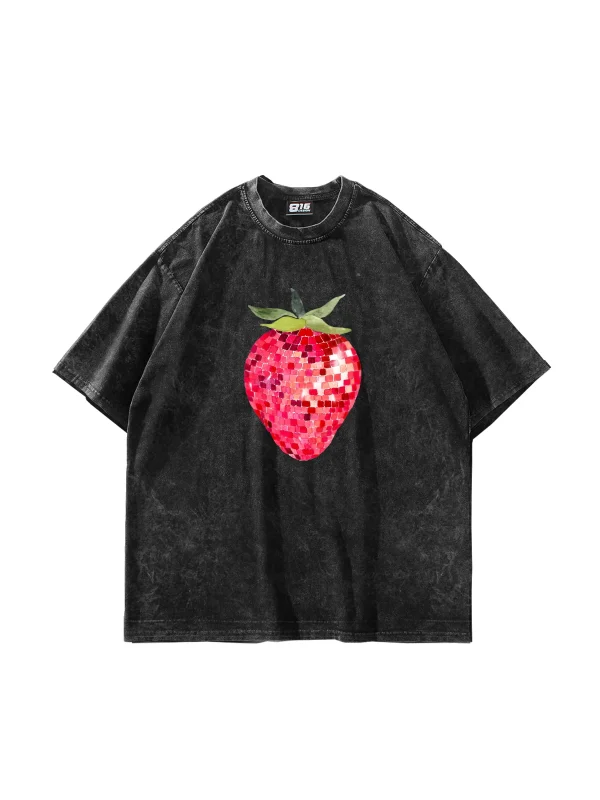 Strawberry Disco Baskılı Oversize Unisex Yıkamalı Siyah Tshirt