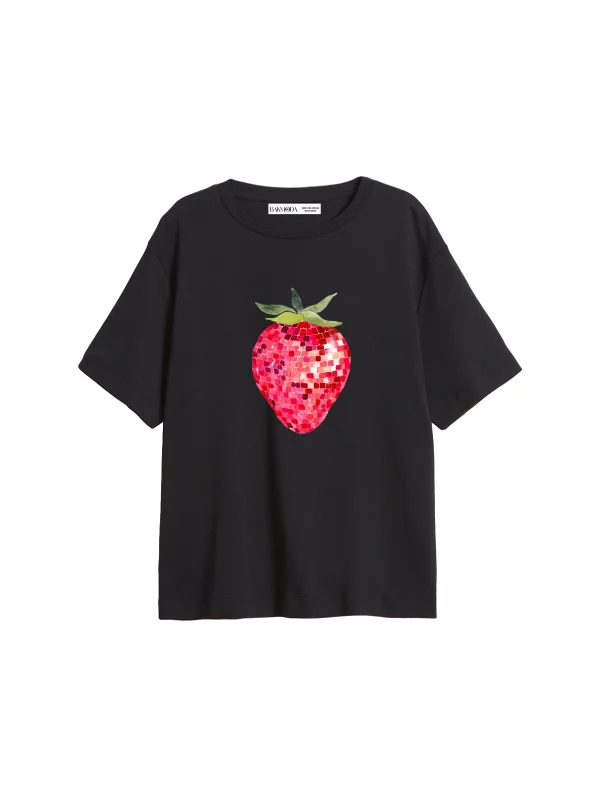 Strawberry Disco Baskılı Relaxed Fit Siyah Kadın Tshirt
