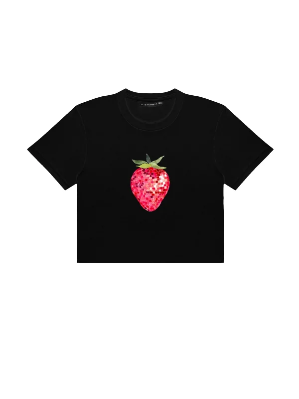 Strawberry Disco Baskılı Siyah Crop Top