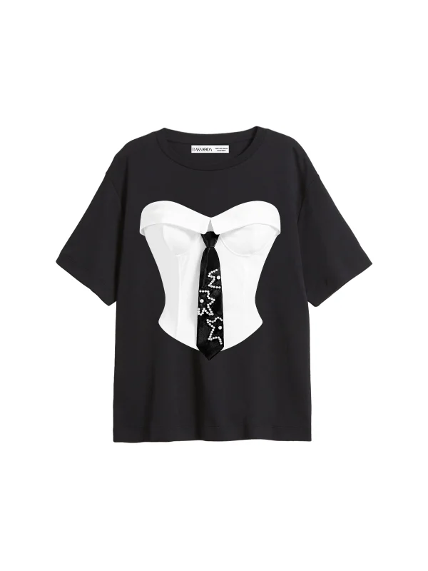 Suit Baskılı Relaxed Fit Siyah Kadın Tshirt