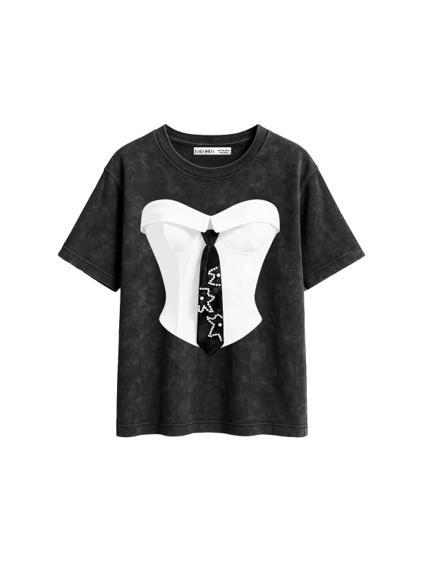 Suit Baskılı Relaxed Fit Yıkamalı Siyah Kadın Tshirt