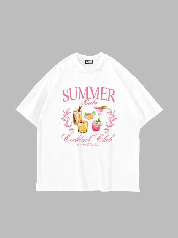 Summer Cocktail Baskılı Oversize Unisex Beyaz Tshirt