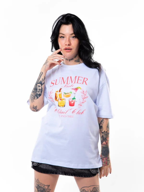 Summer Cocktail Baskılı Oversize Unisex Beyaz Tshirt