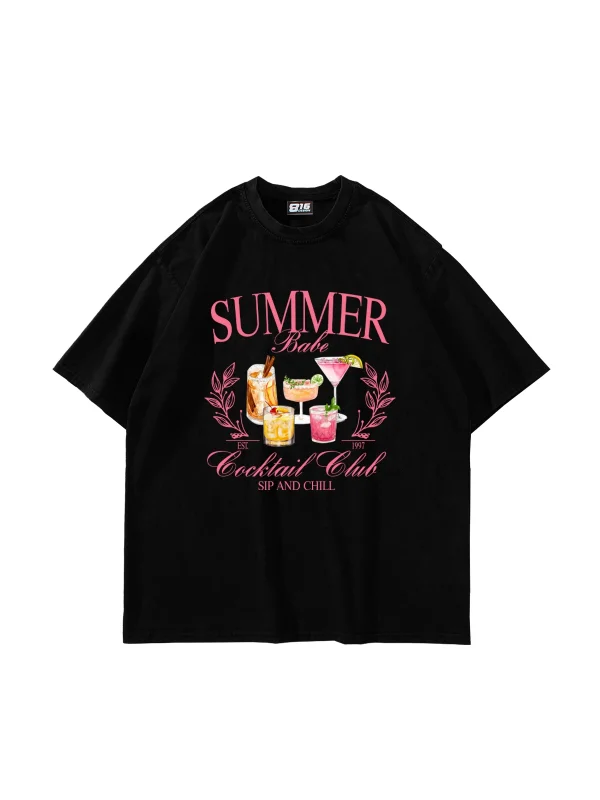 Summer Cocktail Baskılı Oversize Unisex Siyah Tshirt