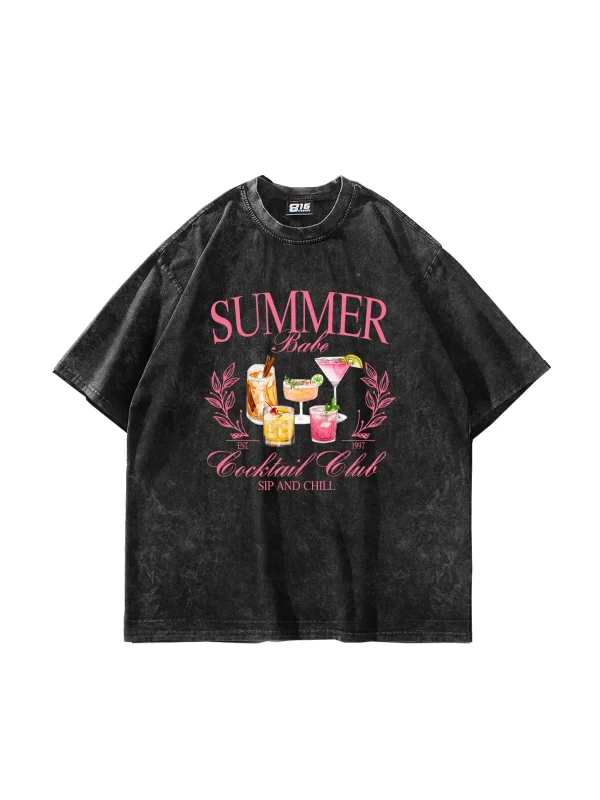 Summer Cocktail Baskılı Oversize Unisex Yıkamalı Siyah Tshirt